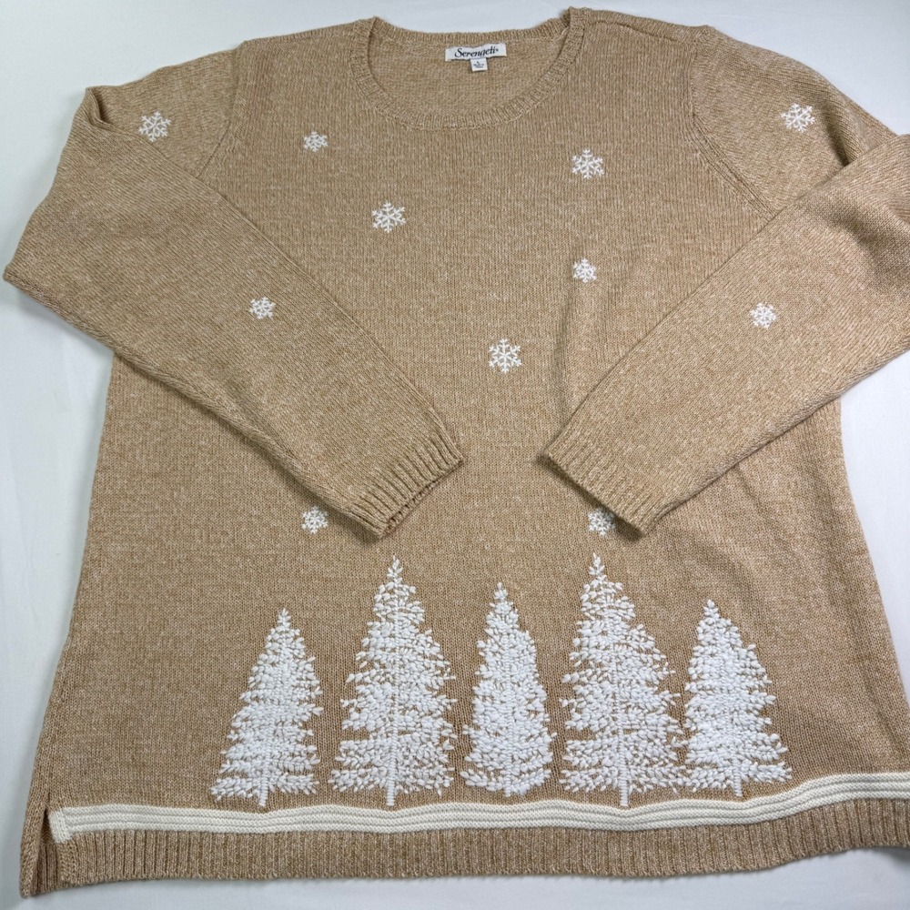 Serengeti Womens Tan Embroidered Snowflake Pine Tree Winter Sweater Large